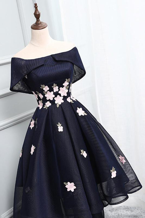 Ombreprom Homecoming Dress A-Line High Low Off the Shoulder Navy Blue With Appliques Ombreprom Homecoming Dress A-Line High Low Off the Shoulder Navy Blue With Appliques