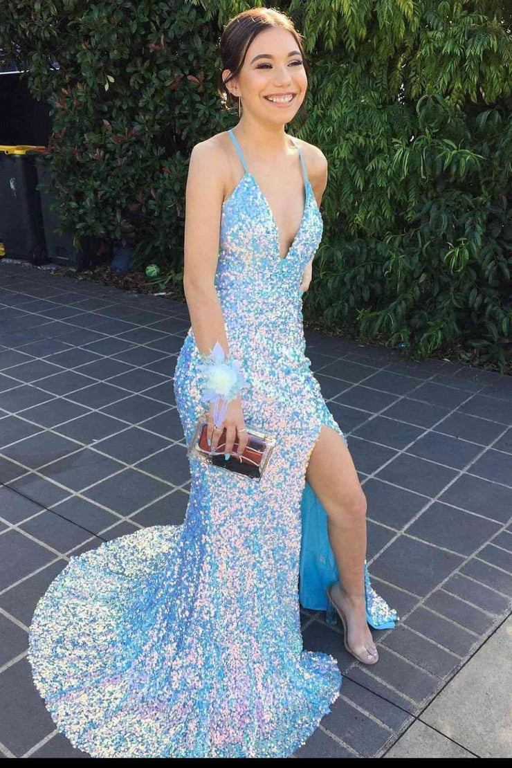 Mermaid Sequin Sparkle Blue V Neck Shiny Prom Dresses Long Evening Dre Mermaid Sequin Sparkle Blue V Neck Shiny Prom Dresses Long Evening Dre