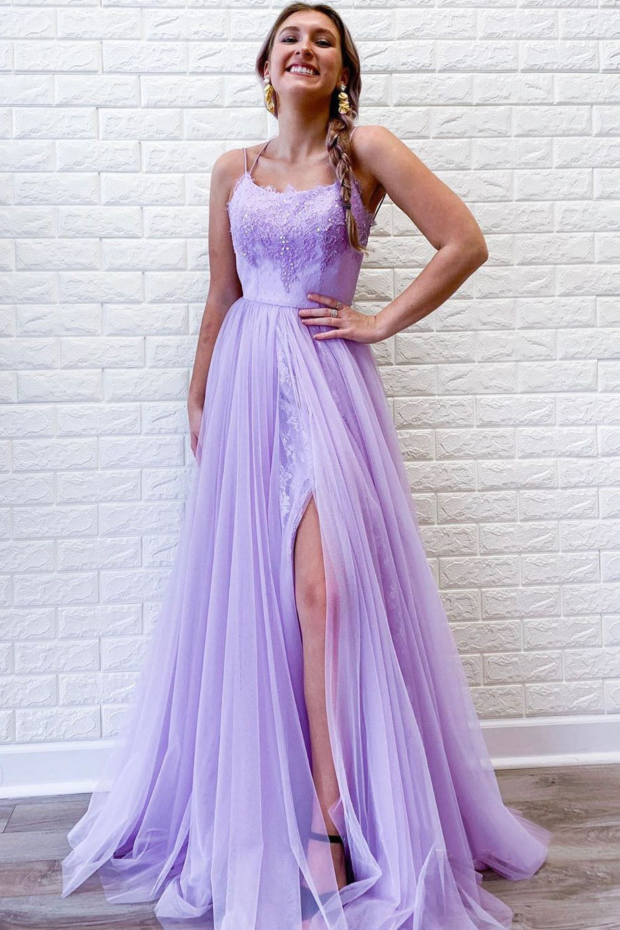 Spaghetti Straps Lavender A-Line Tulle Appliques Long Prom Dresses wit