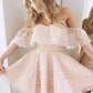 A-Line Off-the-Shoulder Short Pearl Pink Lace Homecoming Dress OM561