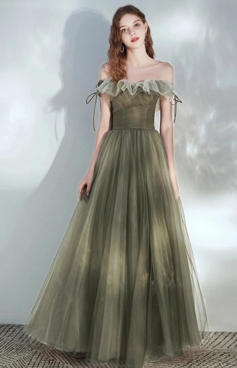 Off the Shoulder A Line Tulle Floor Length Green Elegant Fairy Dresses