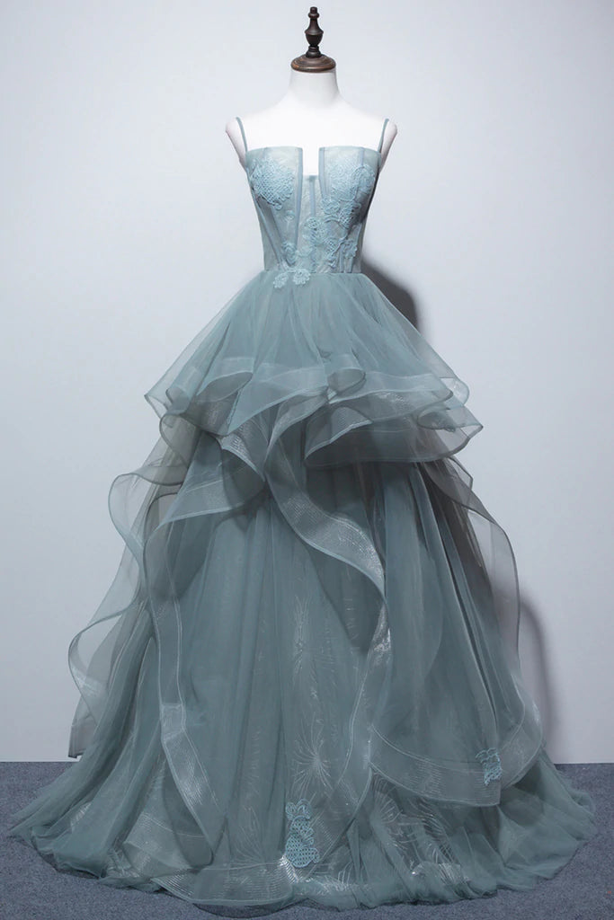 Gray Spaghetti Straps Tulle Princess Formal Evening Party Dresses Long Gray Spaghetti Straps Tulle Princess Formal Evening Party Dresses Long
