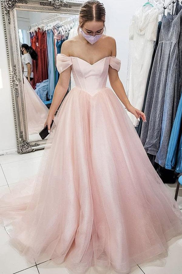 light pink tulle prom dress Pink off shoulder tulle long prom dress, pink tulle formal dress