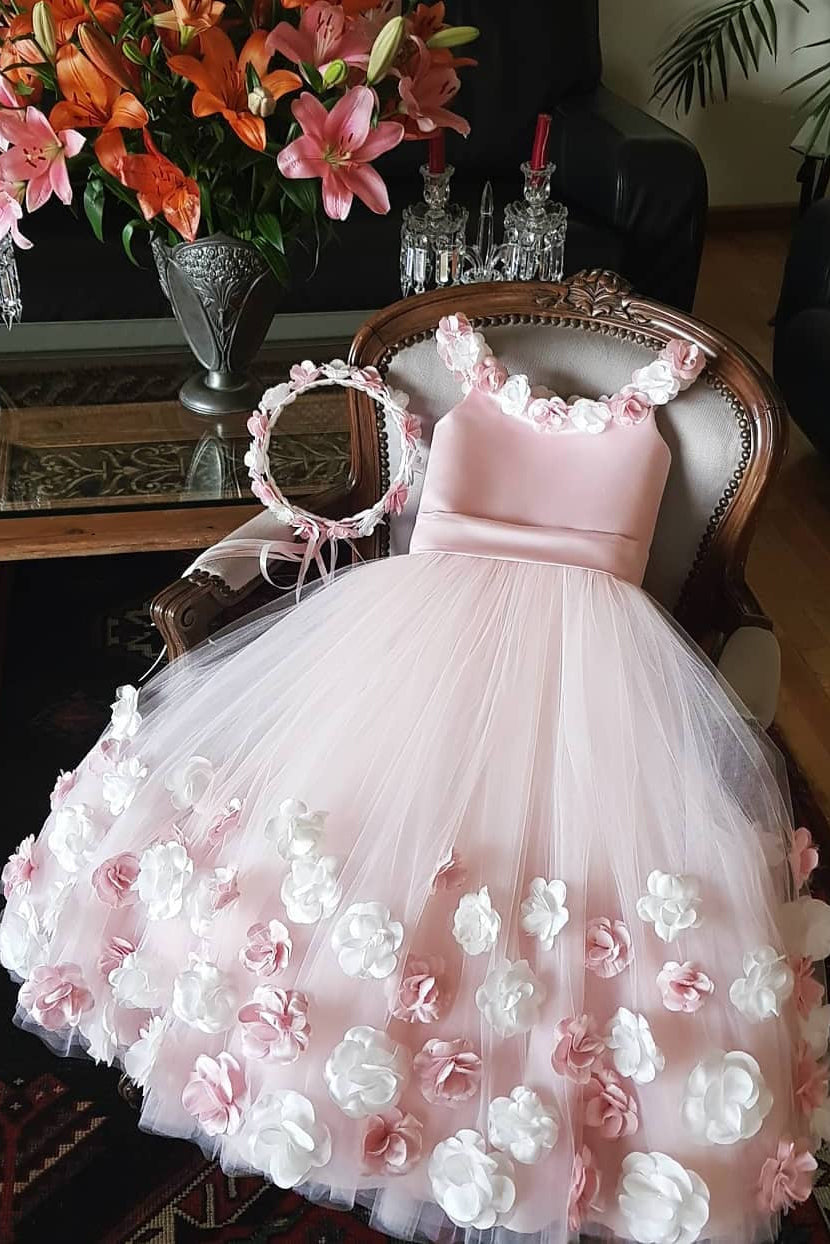 Cute Tulle Pink Flower Girl Dresses With 3D Floral Appliques Cute Tulle Pink Flower Girl Dresses With 3D Floral Appliques