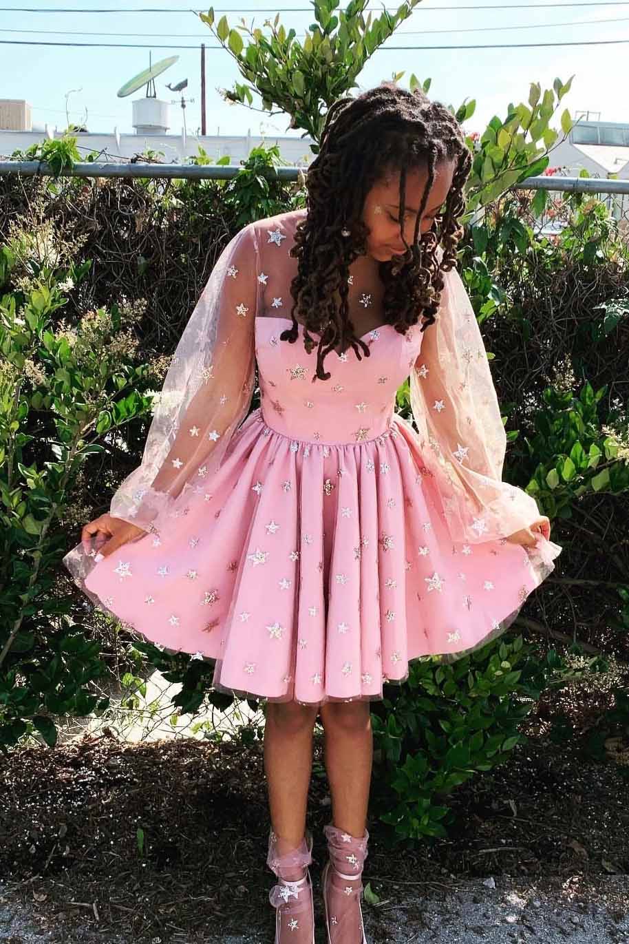 Ombreprom Homecoming Dress Glitter Star Pink with Long Sleeves Ombreprom Homecoming Dress Glitter Star Pink with Long Sleeves
