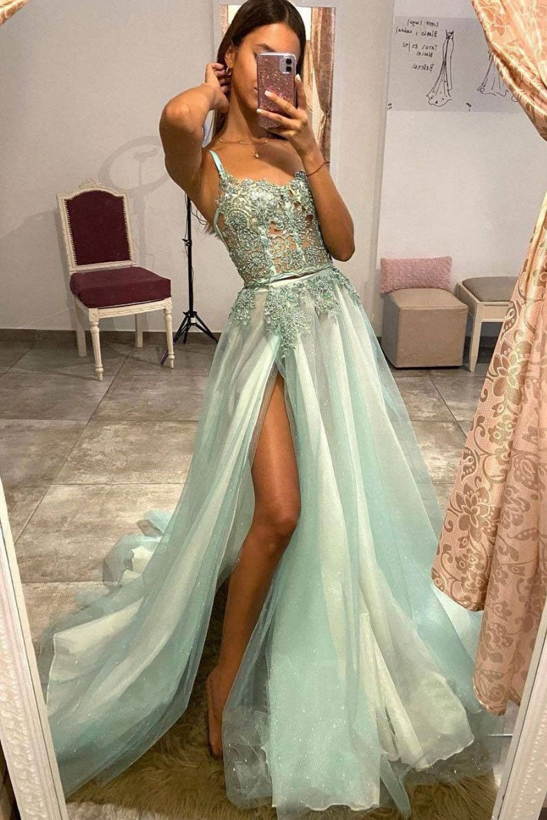 Mint Green Tulle Lace A Line Appliques Long Prom Dresses Mint Green Tulle Lace A Line Appliques Long Prom Dresses