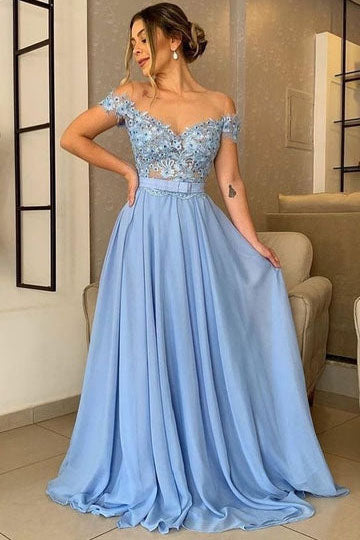 A Line Chiffon Blue Off The Shoulder Dress Appliques Evening Long Prom Dresses A Line Chiffon Blue Off The Shoulder Dress Appliques Evening Long Prom Dresses