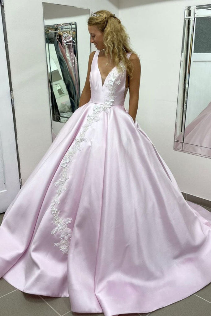 V Neck Tulle Lace Applique Light Pink Long Prom Dresses, Light