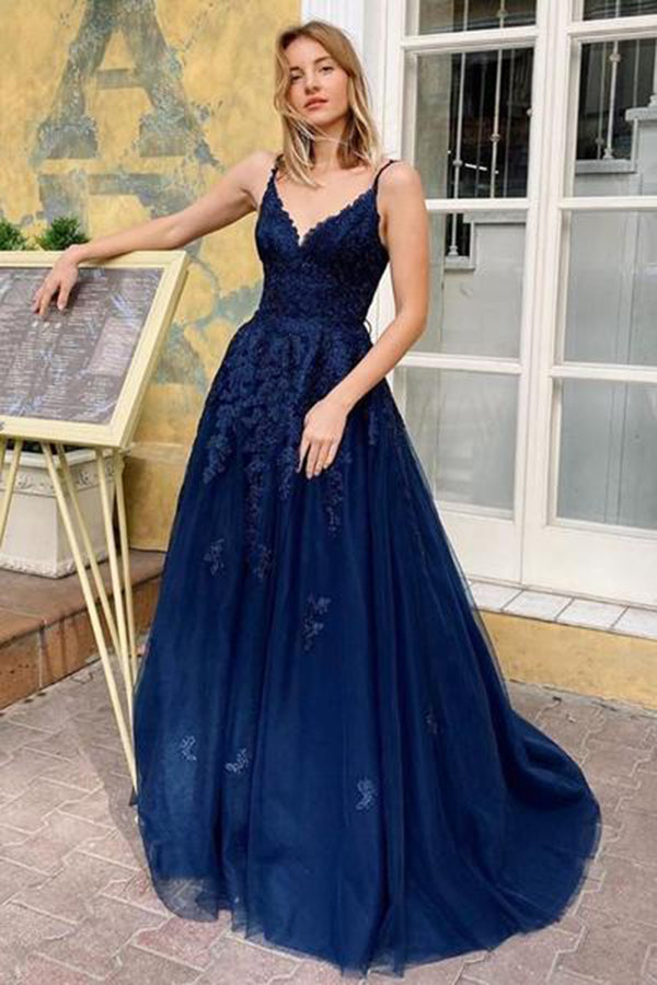 Navy Blue Lace V-Neck Spaghetti Straps A-Line Tulle Appliques Long Evening Gowns Prom Dresses Navy Blue Lace V-Neck Spaghetti Straps A-Line Tulle Appliques Long Evening Gowns Prom Dresses