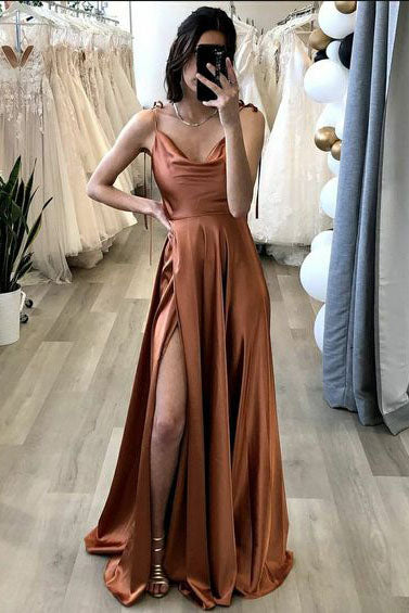 A Line Brown Simple Evening Party Dresses Long Prom Dresses With Slit A Line Brown Simple Evening Party Dresses Long Prom Dresses With Slit
