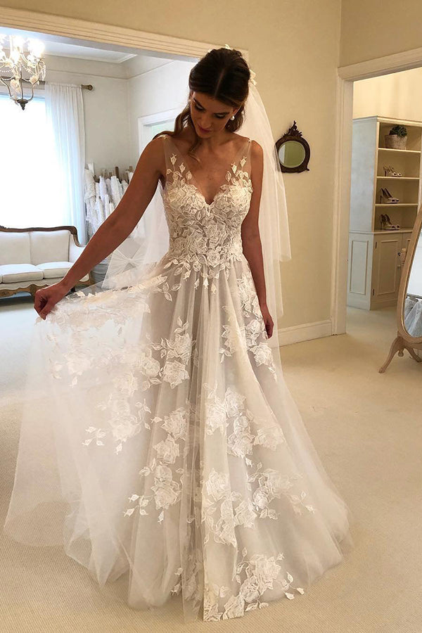 Ombreprom Wedding Dress Elegant Lace V Neck Backless with Appliques Bridal Gown Ombreprom Wedding Dress Elegant Lace V Neck Backless with Appliques Bridal Gown