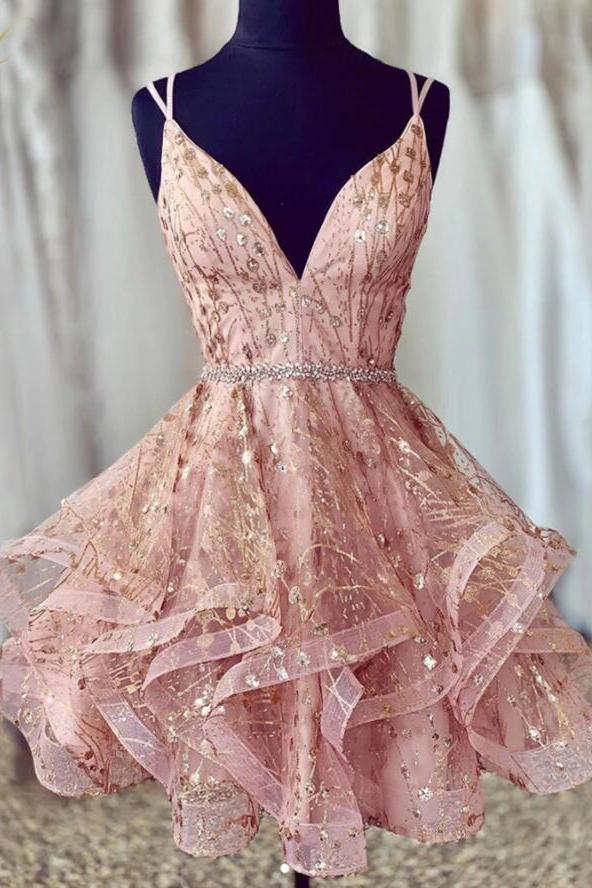Pink A Line Unique Sparkly V Neck Mini Homecoming Dresses Puffy Short Prom Dress Pink A Line Unique Sparkly V Neck Mini Homecoming Dresses Puffy Short Prom Dress