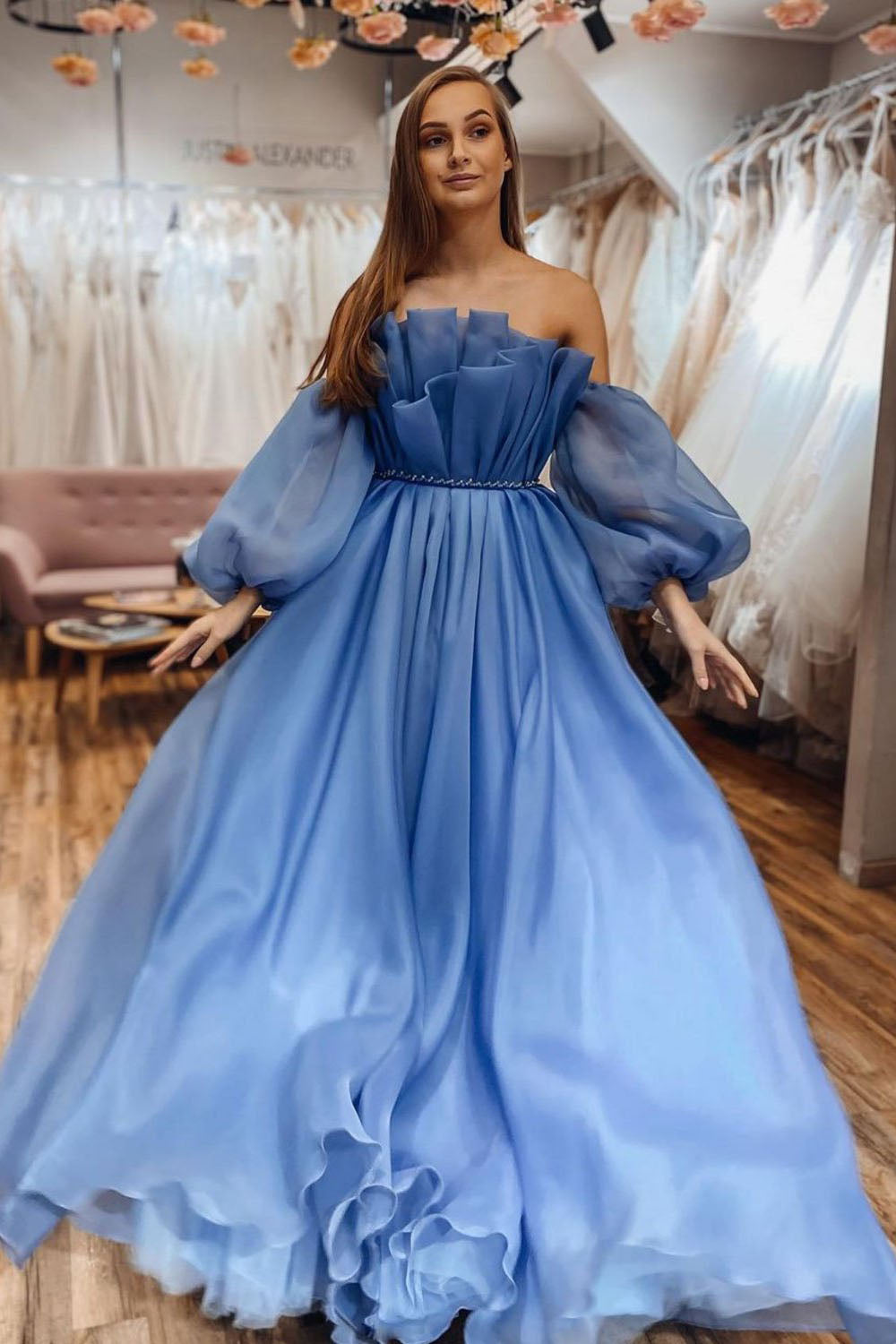 A Line Formal Evening Dresses Blue Organza Long Sleeves Strapless Prom