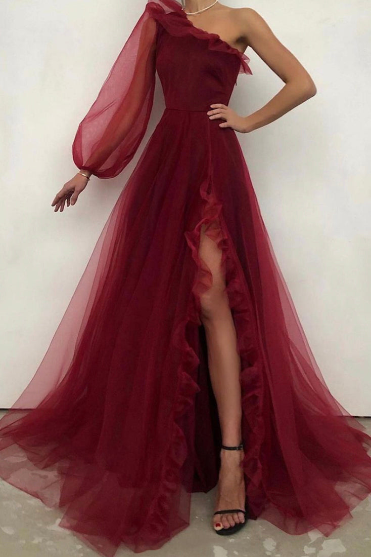 burgundy one shoulder evening dress Zapaka Women Burgundy Prom Dress Sheath One Shoulder Strapless Ruched Satin Long Formal Dress, Burgundy / UK32