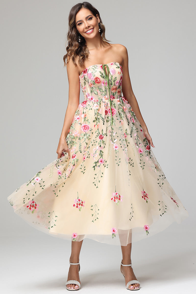 Unique Flower Embroidered Tea Length Prom Dress Unique Flower Embroidered Tea Length Prom Dress
