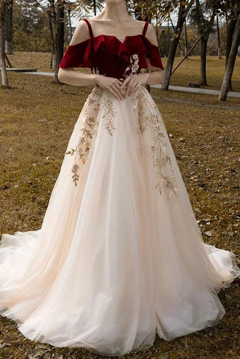 A Line Vintage Red Top Straps Tulle Formal Dresses Vintage Red Long Appliques Prom Dresses A Line Vintage Red Top Straps Tulle Formal Dresses Vintage Red Long Appliques Prom Dresses