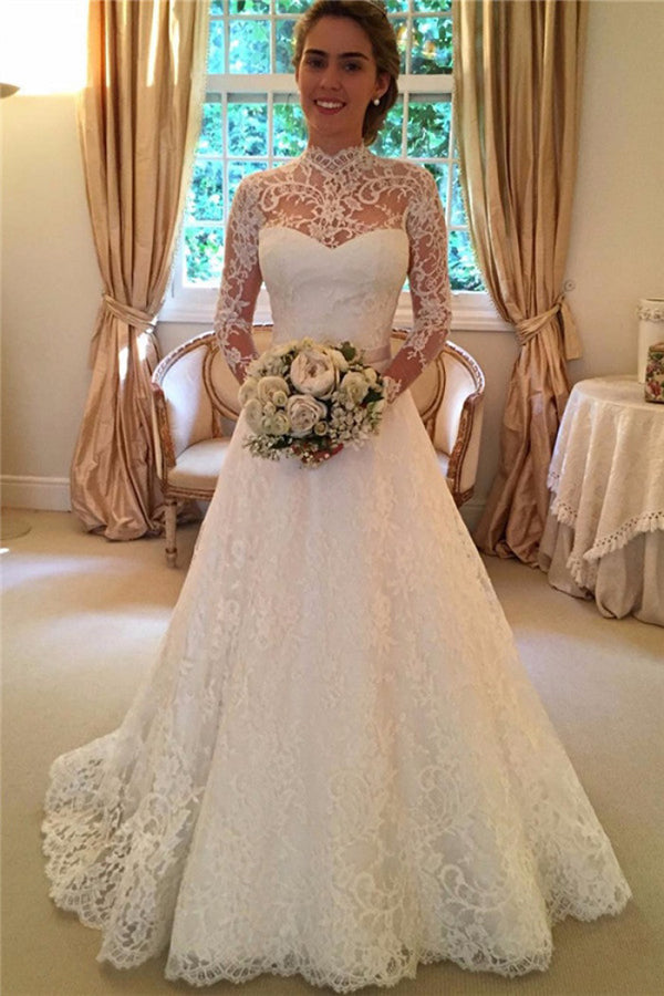 Ombreprom Wedding Dress Vintage High Neck Lace Appliques Open Back Long Sleeves Bridal Gown Ombreprom Wedding Dress Vintage High Neck Lace Appliques Open Back Long Sleeves Bridal Gown