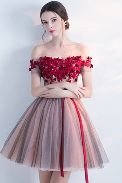 Ombreprom Homecoming Dress Off The Shoulder Short with Flower Appliques Ombreprom Homecoming Dress Off The Shoulder Short with Flower Appliques