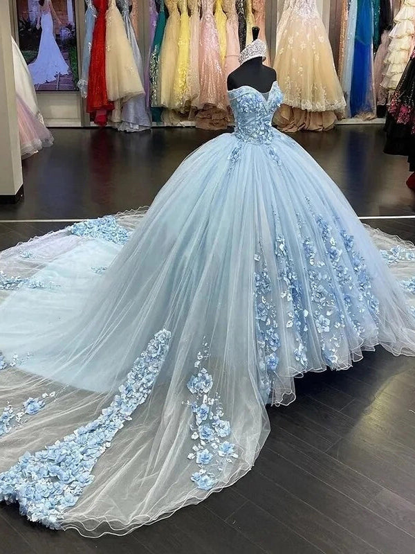 Off The Shoulder Blue Tulle Appliques Ball Gown Sweet 16 Dress Y6077 main image 0