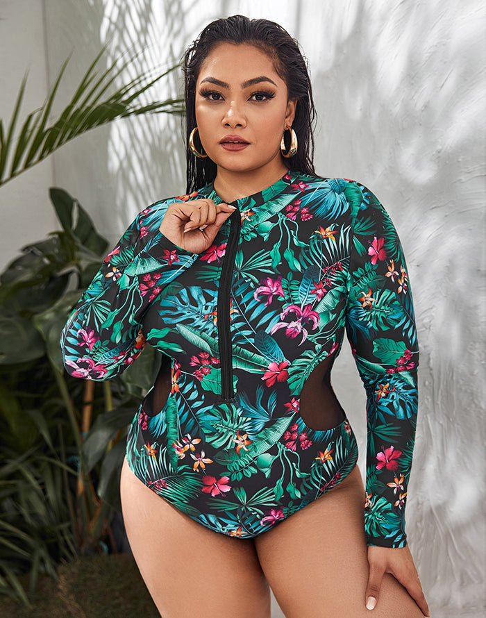 OmbreSwim - Palm Leaves Color High Neckline Long Sleeve Zipper One Piece Swimsuit