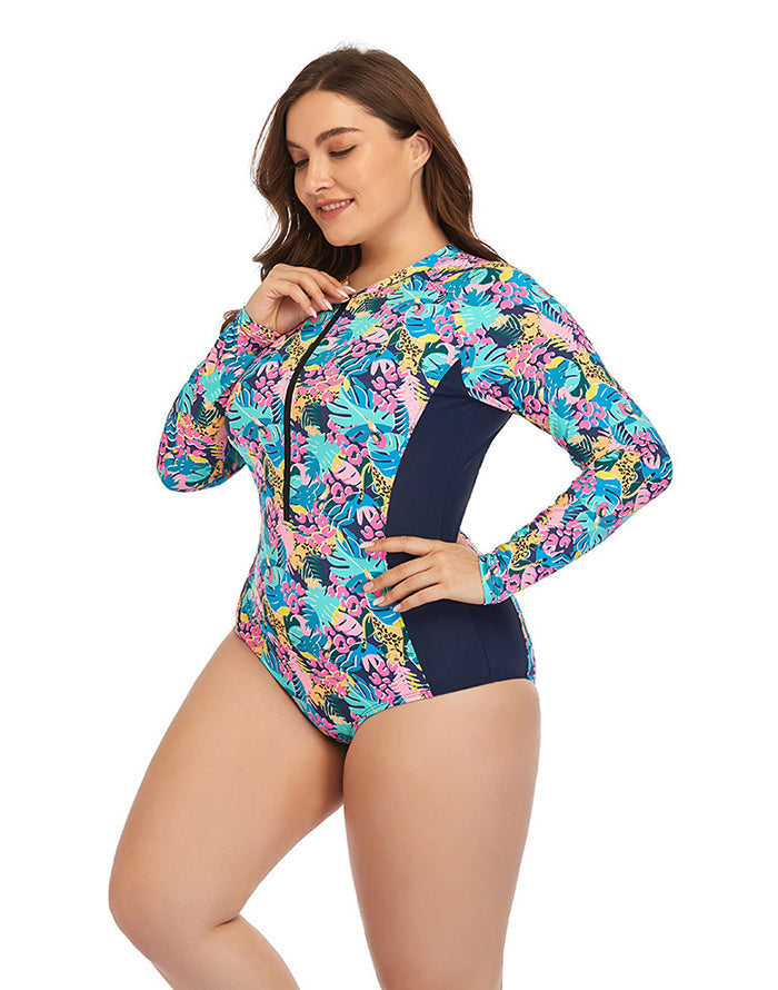 OmbreSwim - Multicolor High Neckline Zip Long Sleeve One Piece Swimsuit