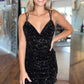 Cute Black V Neck Backless Sequins Short Homecoming Dresses