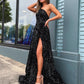 Cute Black One Shoulder A Line Sequins Slit Prom Dresses
