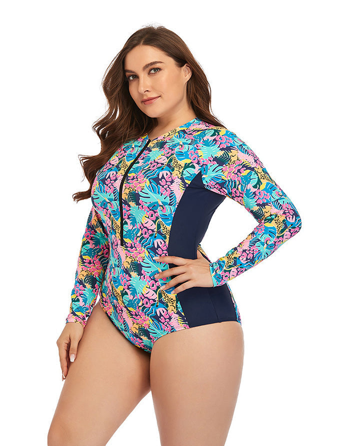 OmbreSwim - Multicolor High Neckline Zip Long Sleeve One Piece Swimsuit