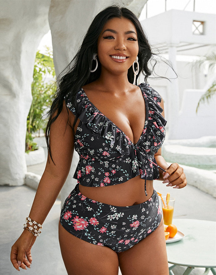 OmbreSwim - Black High Waist Ruffle Bikini Set