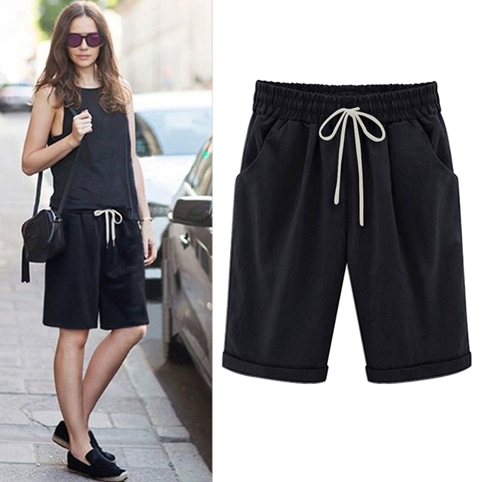 OmbreSwim - Women's Elastic Waist Knee Length Casual Cotton Bermuda Shorts with Drawstring