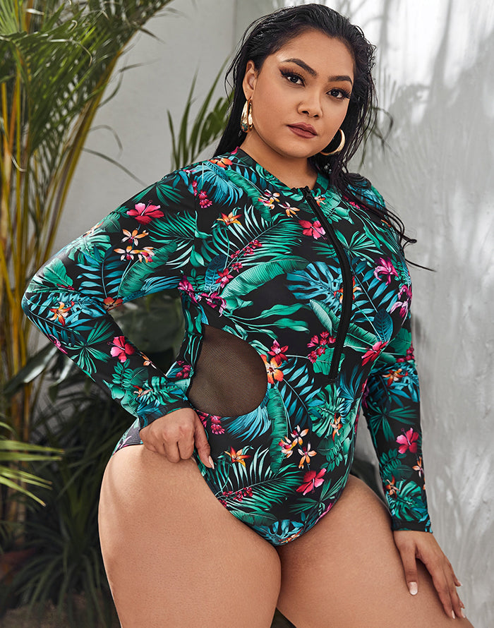 OmbreSwim - Palm Leaves Color High Neckline Long Sleeve Zipper One Piece Swimsuit