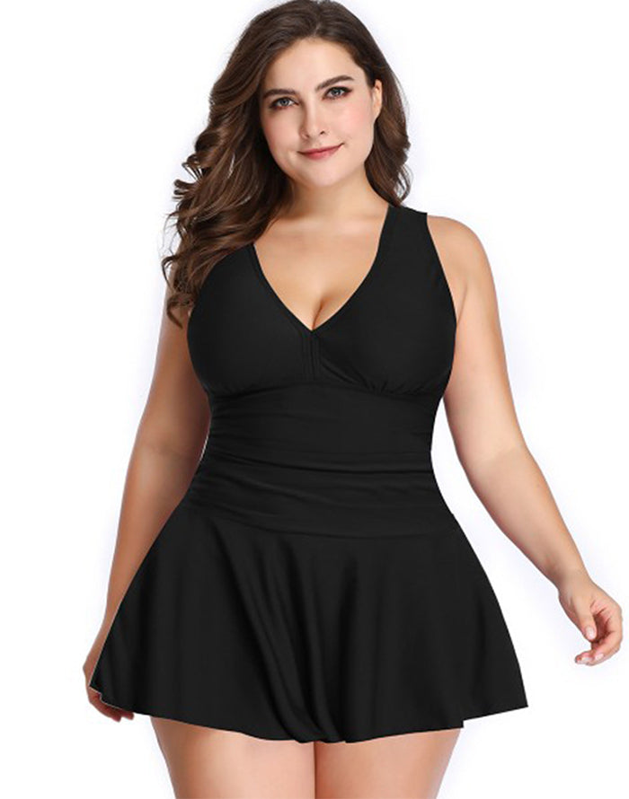 OmbreSwim - Black V-Neck Skirt One Piece Swimdress