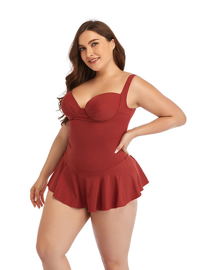 Brick Red Sweetheart Neckline Underwire One-Piece Swimsuit