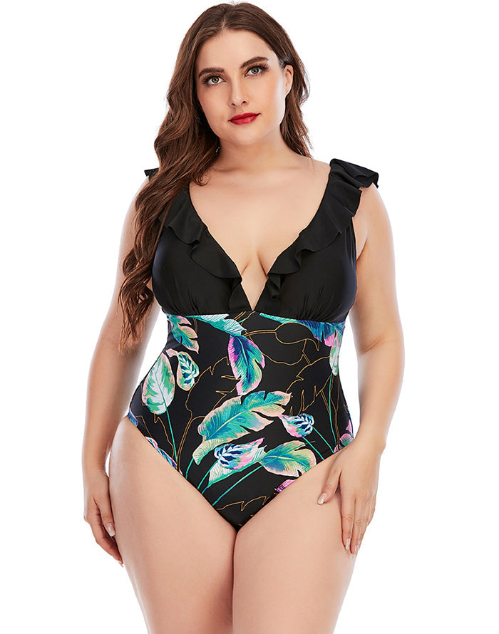 Black V-Neck Ruffle One Piece Swimsuit