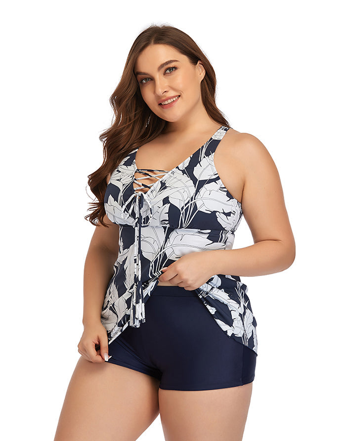 V-neck Printed Plus Size Swimdress with Boxer Swimming Trunks