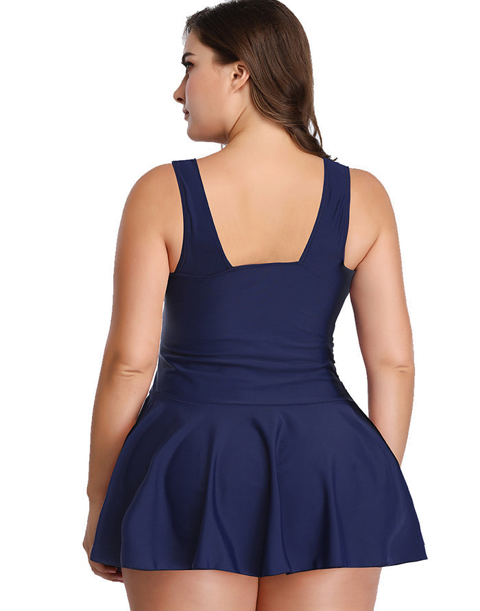 OmbreSwim - Dark Blue V-Neck Skirt One Piece Swimdress