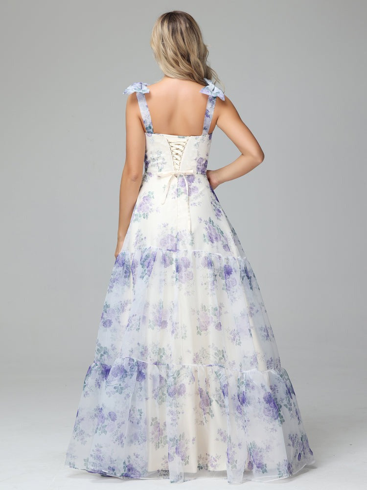 Elegant Straps Sweetheart Floral Printed Prom Dresses