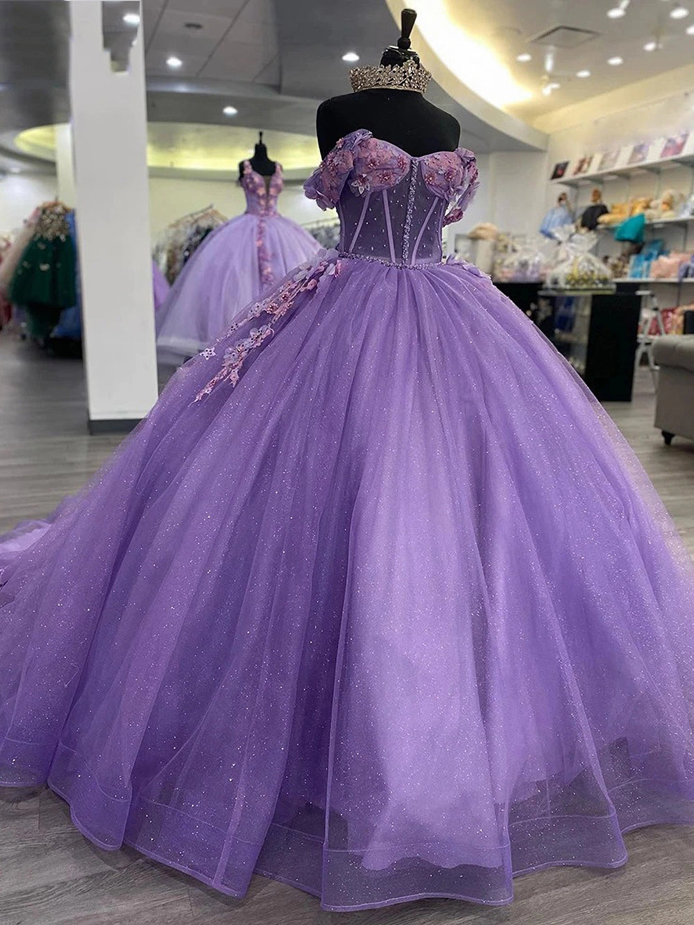 Elegant & Modern Ball Gown Off Shoulder 3D Flowers Lace Appliques Purple Tulle Quinceanera Dress Birthday Party Gown for Sweet 16