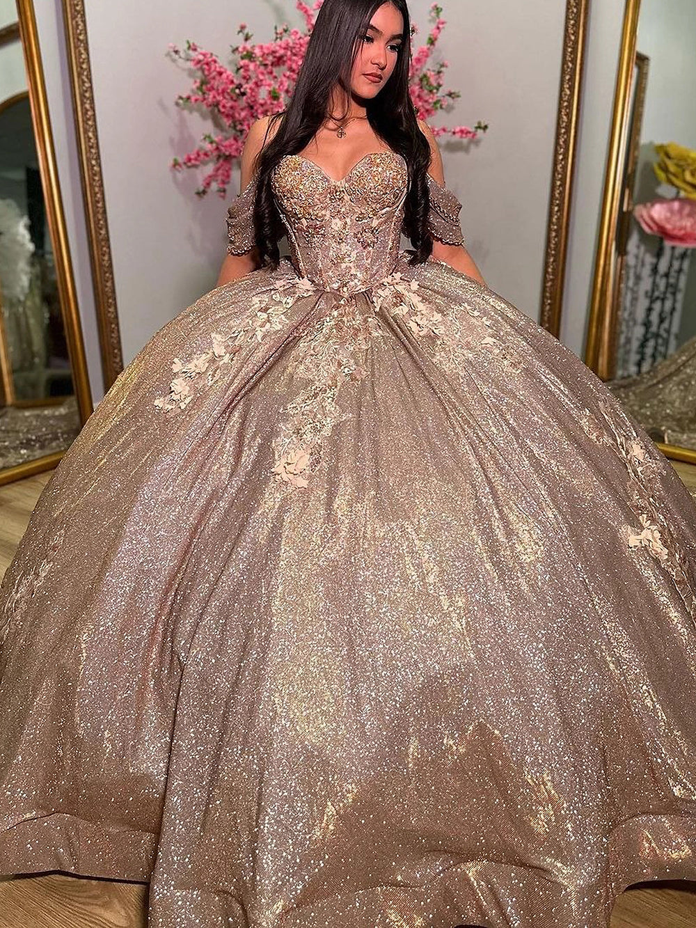 Elegant & Glitter Ball Gown Sweetheart Neck Off Shoulder Sweep Train Tulle Cocktail Party Gown Quinceanera Dress Princess for Sweet 16