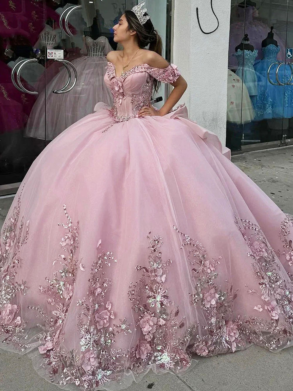 Sparkle & Glitter Ball Gown Off Shoulder Flowers Appliques Beaded Tiered Ruffles Pink Tulle Quinceanera Dress Graduation Party Gown for Sweet 16