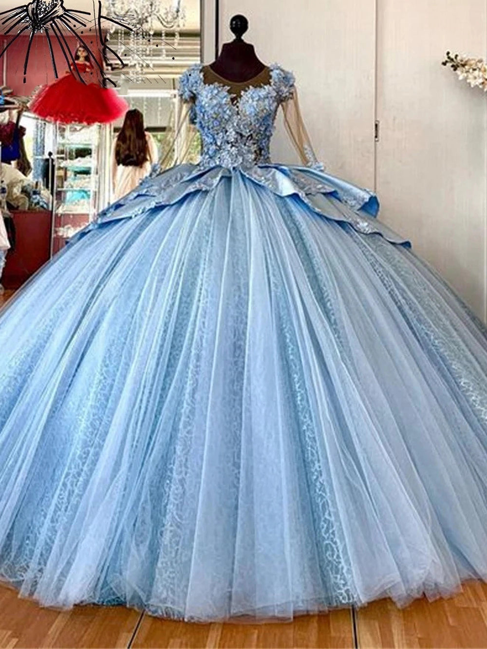 Modern & Chic Ball Gown Scoop Neck Long Sleeves 3D Flower Lace Applique Beaded Tiered Blue Tulle Quinceanera Dress Princess Party Gown for Sweet 16