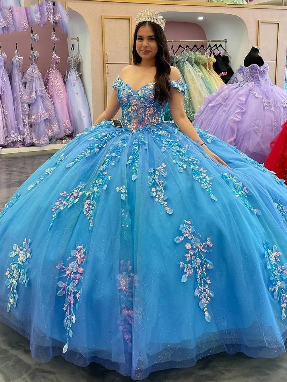 Glamorous Ball Gown Off Shoulder 3D Floral Lace Applique Beaded Lake Blue Tulle Quinceanera Dress Princess Birthday Party Gown for Sweet 16