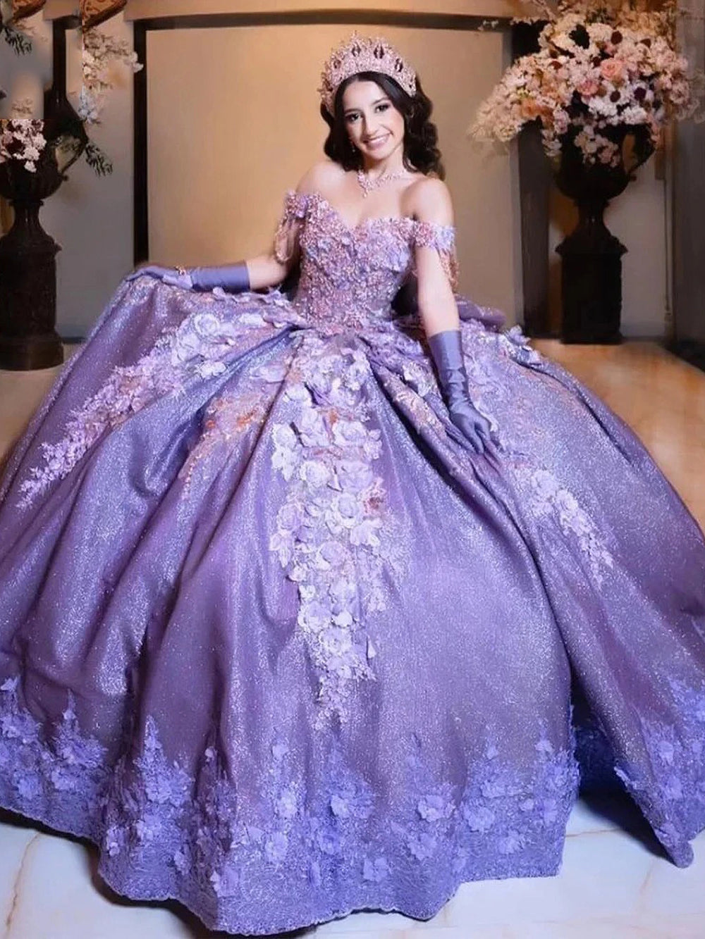 Luxury & Glitter Ball Gown Off Shoulder Beaded 3D Floral Lace Applique Tiered Ruffles Purple Sequins Quinceanera Dress Birthday Party Gown for Sweet 16