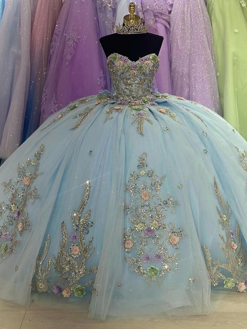 Gorgeous & Glitter Ball Gown Strapless 3D Floral Flowers Lace Applique Bow Knot Light Blue Quinceanera Dress Birthday Party Gown for Sweet 16