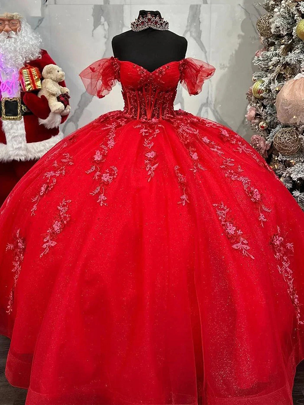 Luxury Ball Gown Off Shoulder Lace Applique Beaded Red Tulle Quinceanera Dress Princess Birthday Gown for Sweet 16