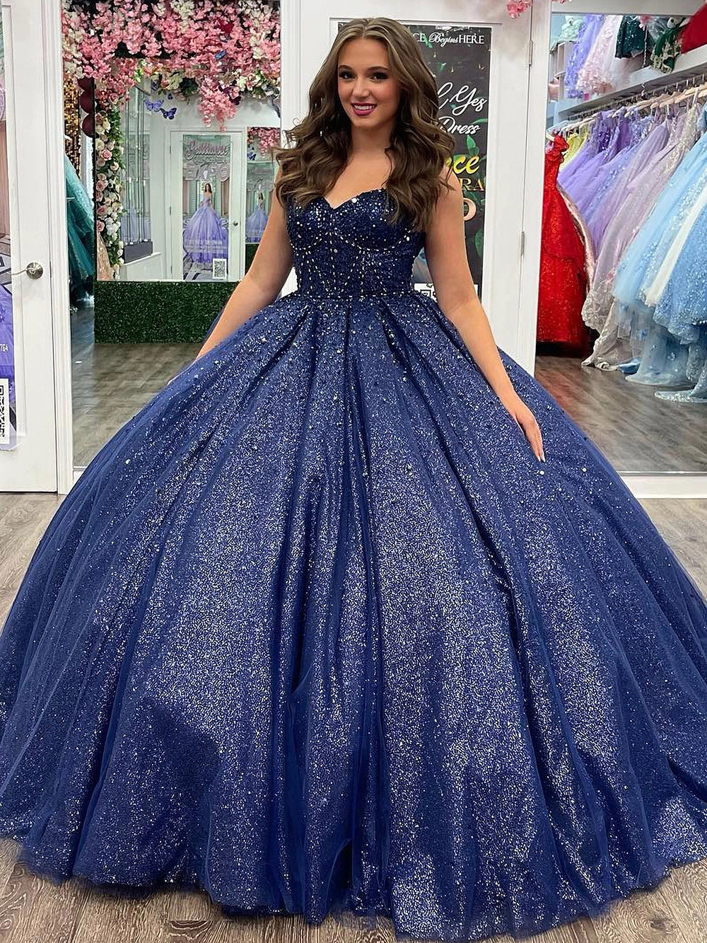 Elegant & Classic Ball Gown Sweetheart Neck Sleeveless Navy Blue Tulle Quinceanera Dress Princess Prom Dresses Party Gown for Sweet 16