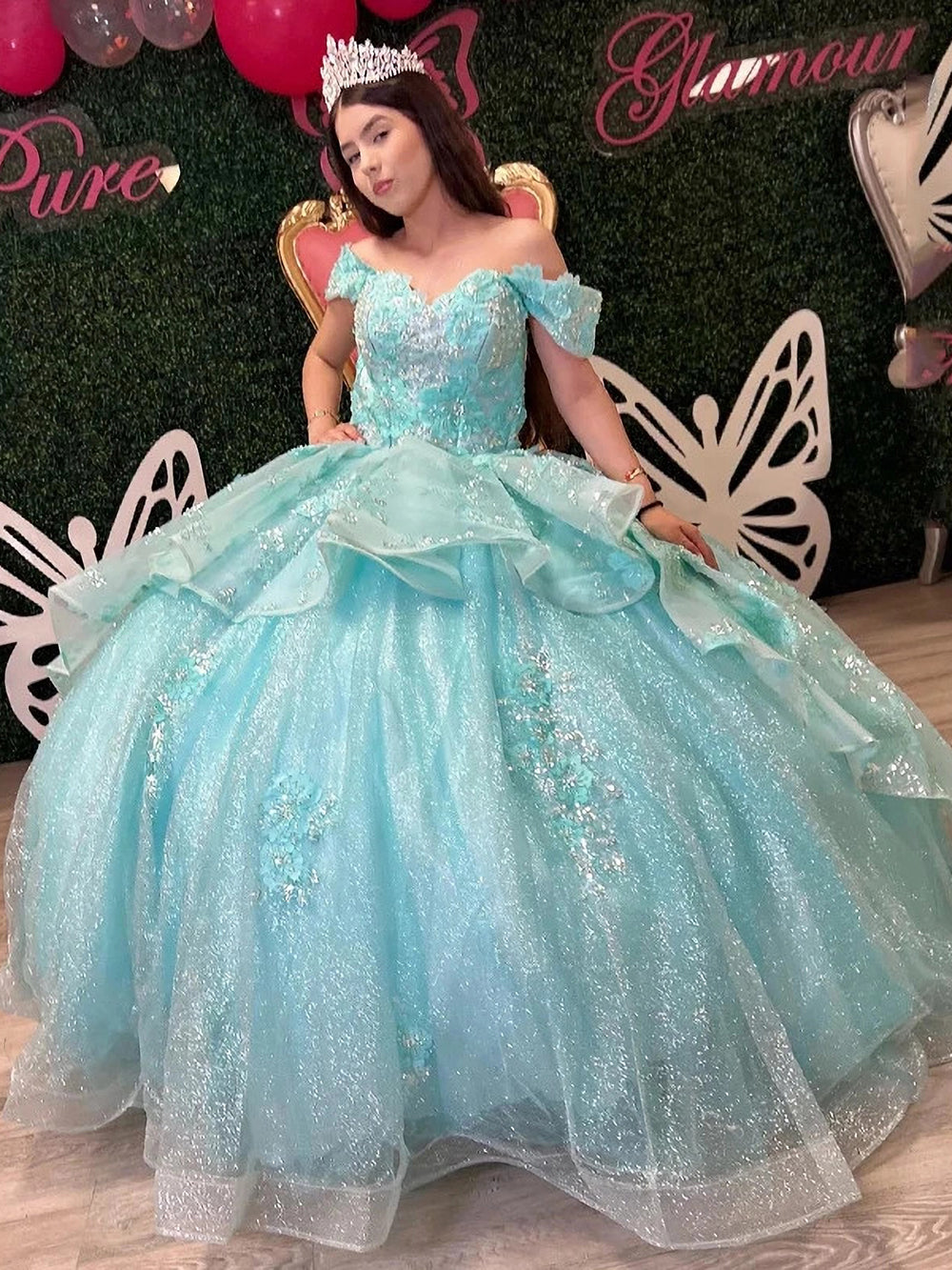 Ball Gown Off Shoulder Beaded 3D Flower Appliques Ruffles Lake Blue Tulle Princess Gown Quinceanera Dress for Sweet 16 Dress