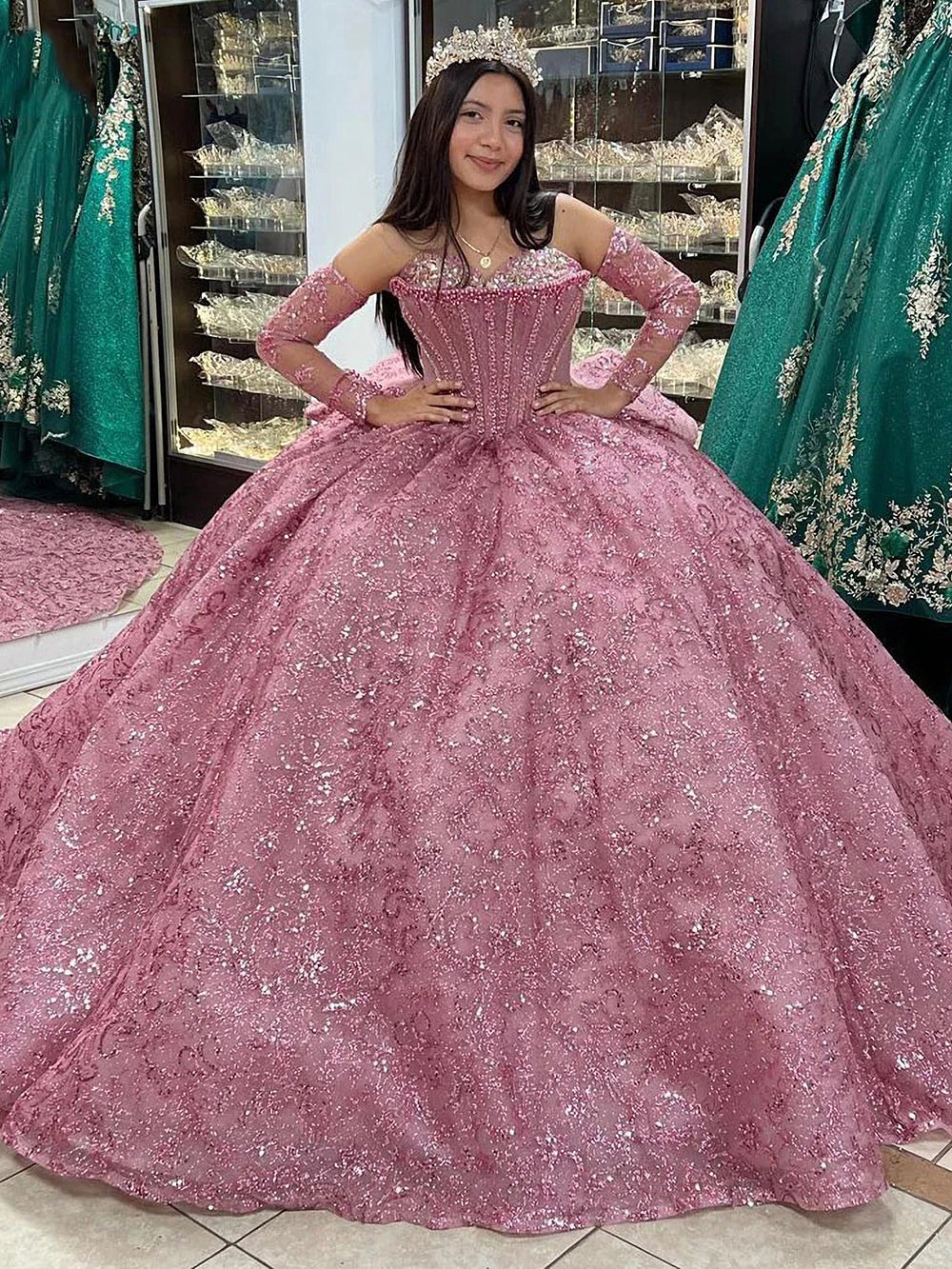 Luxuru & Glamorous Ball Gown Strapless Detachable Sleeves Fulle Sequins Beaded Dusty Pink Tulle Princess Party GownQuinceanera Dress for Sweet 16