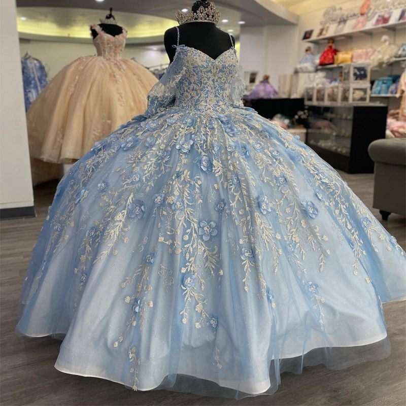 Gorgeous Ball Gown V Neck Spaghetti Straps Flower Appliques Beaded Lace Up Sky Blue Tulle Princess Gown Quinceanera Dress for Sweet 16
