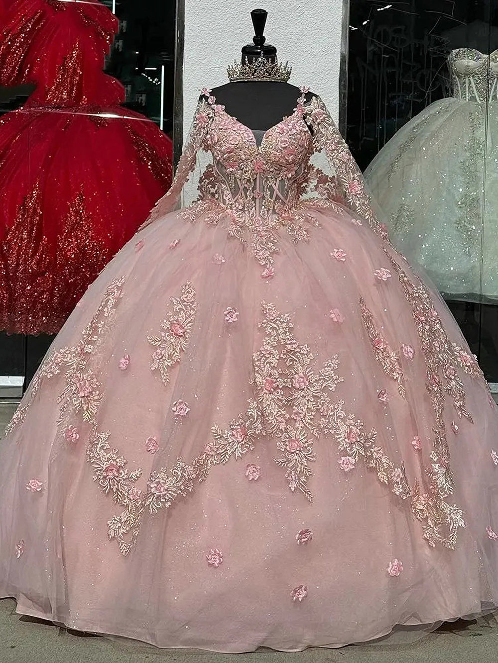 Cute & Chic Ball Gown Off Shoulder Long Sleeves 3D Flowers Lace Appliques Beaded Pink Tulle Quinceanera Dress Princess Evening Party Dress for Sweet 16